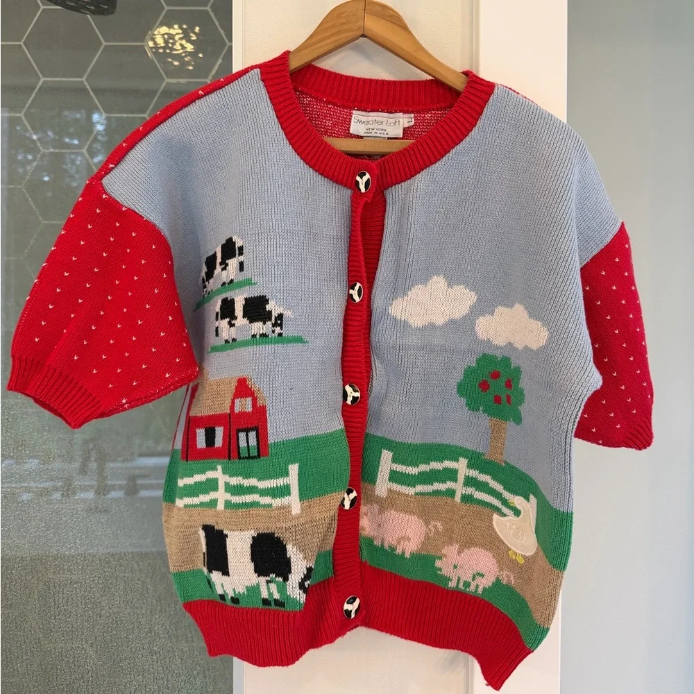 VINTAGE SWEATER LOFT SHORT-SLEEVE BUTTON-UP FARM-THEMED SWEATER - LARGE - Picture 3 of 6